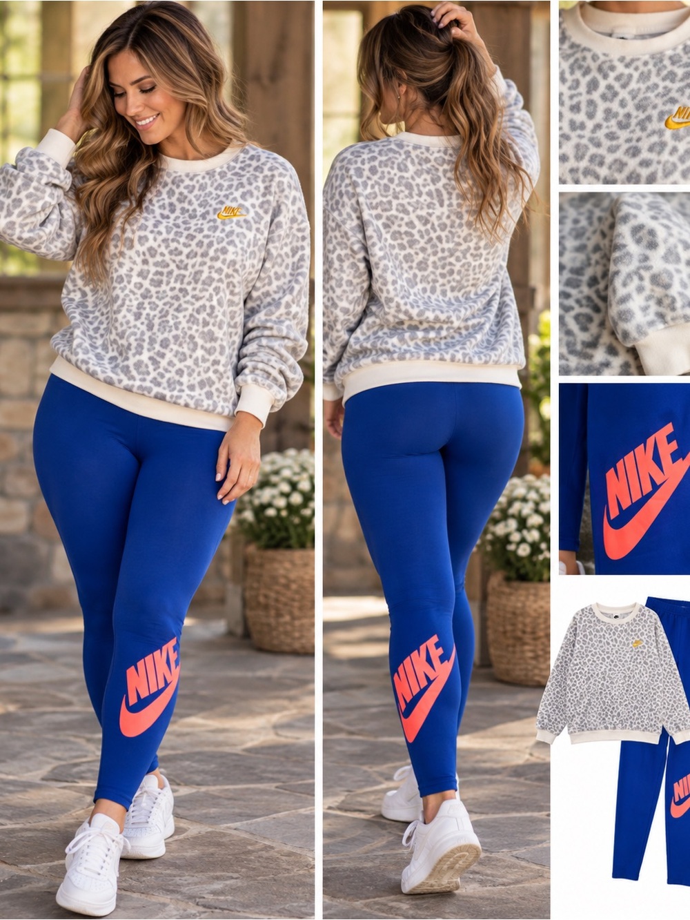 Nike Blue Leggings with Coral-Pink Logo & Grey Leopard Sweatshirt